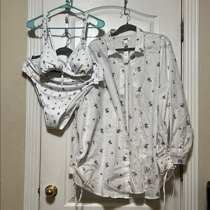 PINK vs White and Blue Floral Bikini Set with Matching Shirt